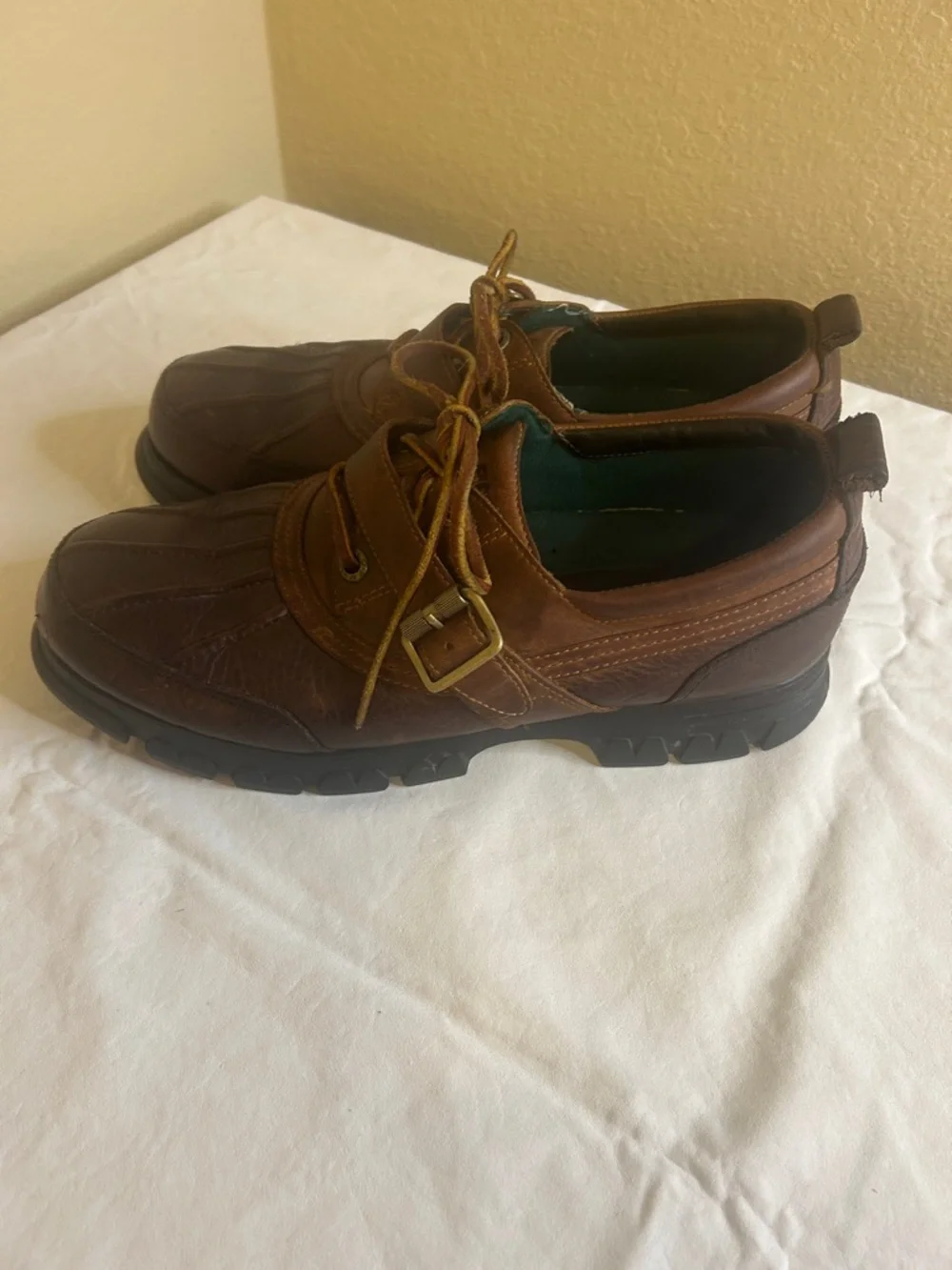 Polo by Ralph Lauren Brown Leather Men’s Boat Shoes with Lace & Buckle Size 11D